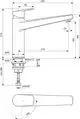 Küchenarmatur von Ideal Standard mit einem hohen Auslauf, gerade Form und einem einhandbedienbaren Griff. Technische Zeichnung mit Maßen und Anschlussdetails dargestellt.